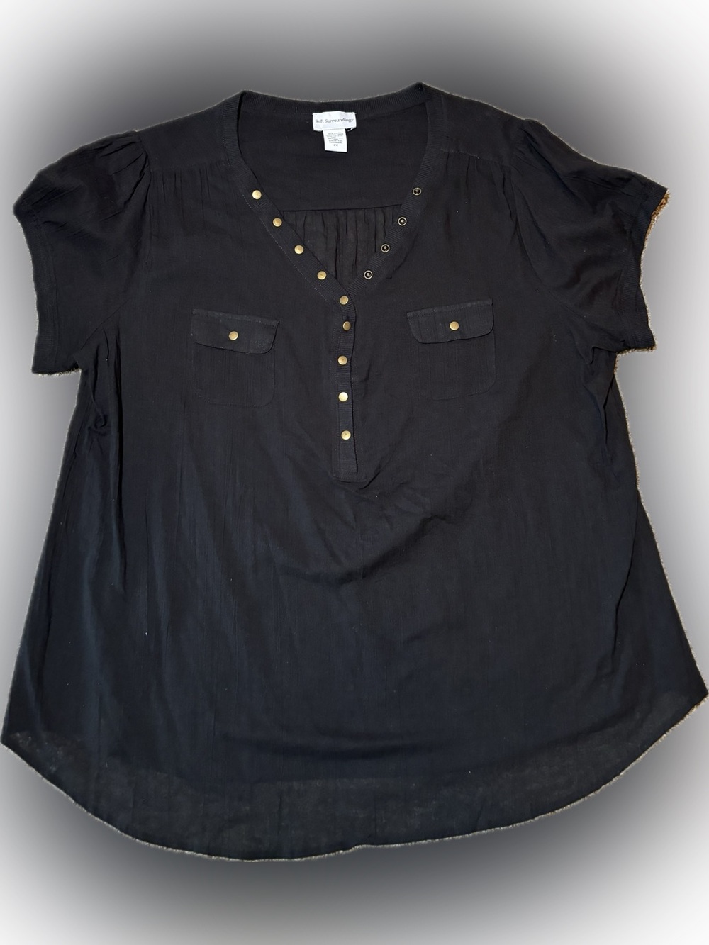 248 Soft Surroundings Black Short Sleeve Henley Top with Gold Buttons, Sizr 2X